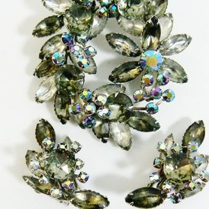 Beau Jewels Borealis Smoky Topaz Rhinestone Brooch & Earring Demi Parure Signed